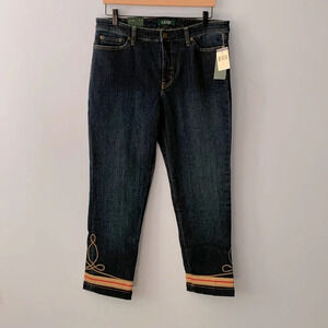 Laren Ralph Lauren gold red embroidered soutache cuff medium wash jeans size 12